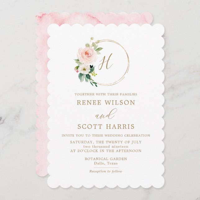 Elegante Blush Wassercolor Floral Monogram Wedding Einladung (Vorne/Hinten)