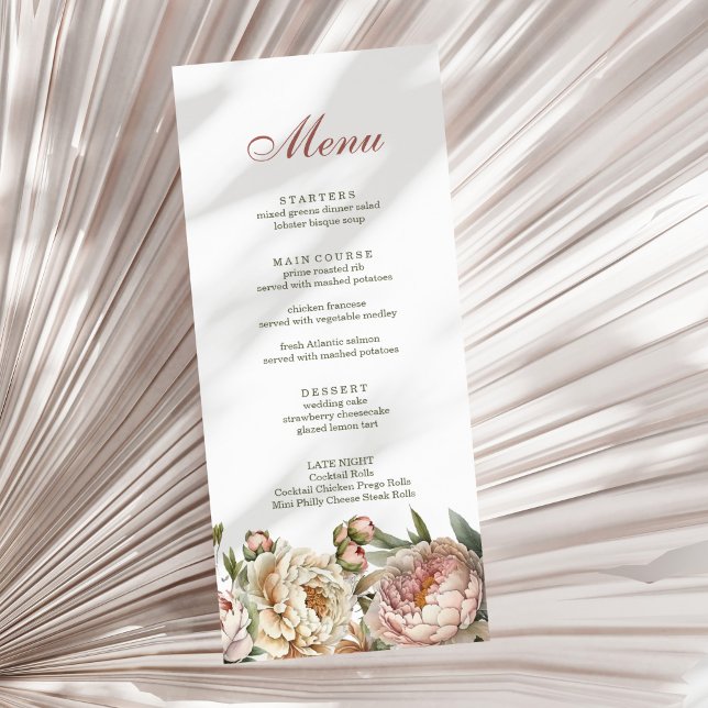 Elegante Blush Watercolor Peonies Menu Card Menükarte (Elegant Blush Watercolor Peonies Menu Card on a sunny white dry palm leaf.)