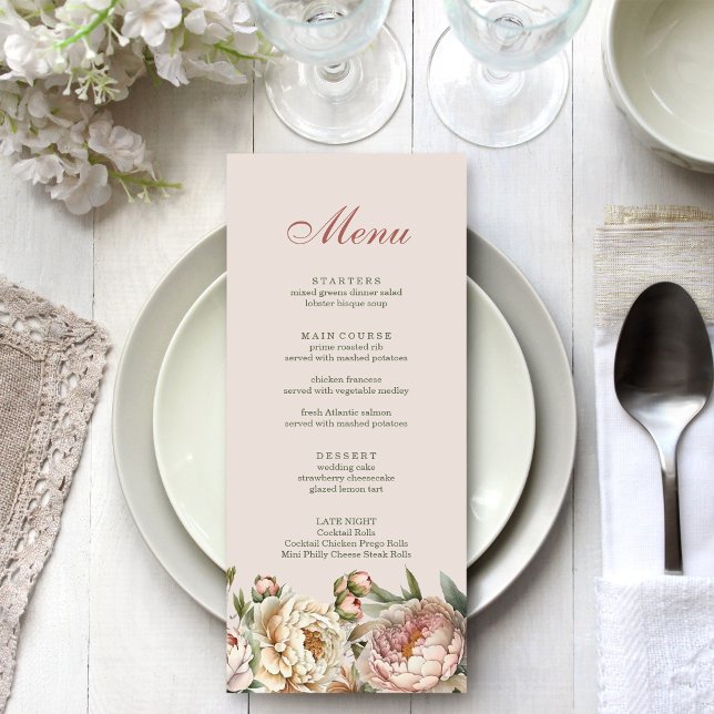 Elegante Blush Watercolor Peonies Menu Card Menükarte (Elegant Blush Watercolor Peonies Menu Card on a light wedding dinner table.)
