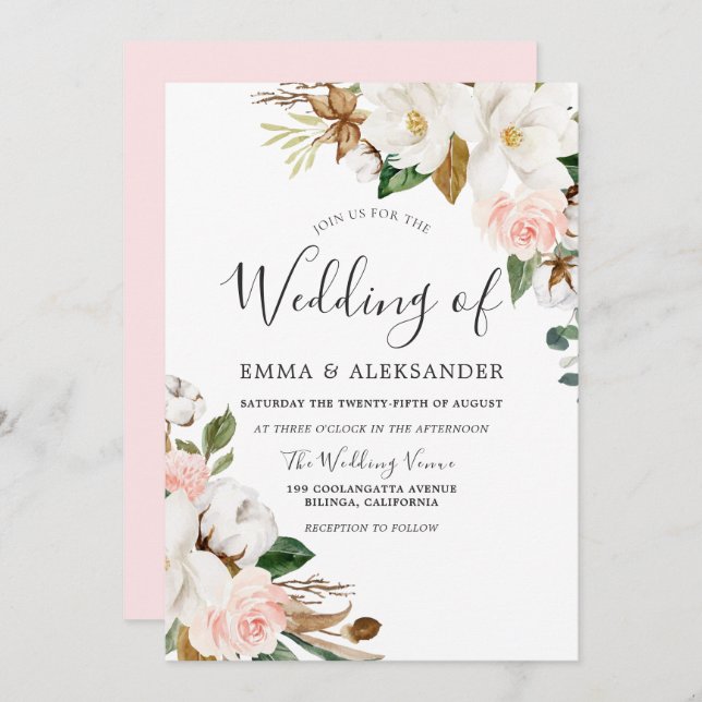 Elegante Blush & White Wassercolor Blume Hochzeit Einladung (Vorne/Hinten)