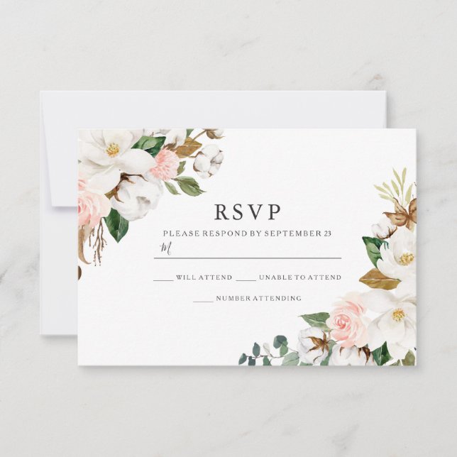 Elegante Blush & White Wassercolor Blume Hochzeit RSVP Karte (Vorderseite)