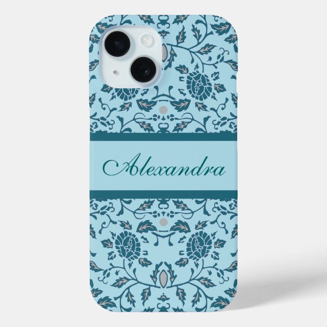 Elegante Blüte Aquamarin Damask Case-Mate iPhone Hülle (Rückseite)