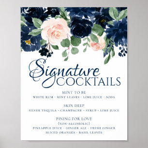 Elegante Blüten Marineblaue und rosafarbene Sign Poster