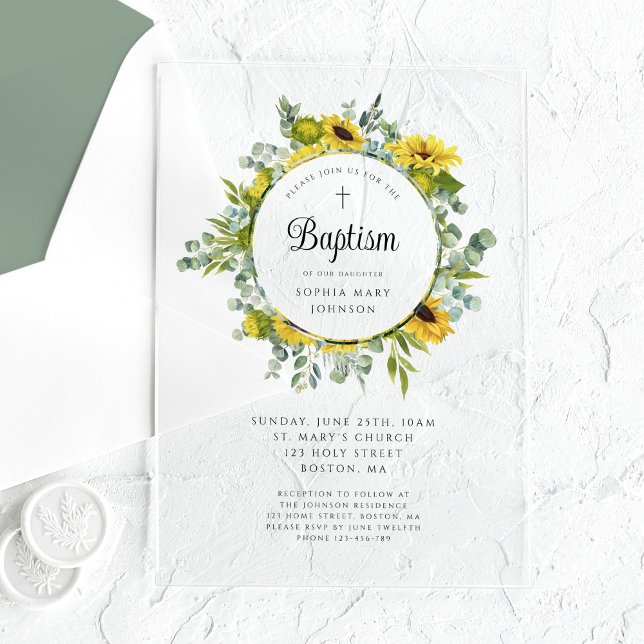 Elegante Blütenblume Kraut Taufe Girl Acryleinladungen (Elegant Floral Sunflower Wreath Girl Baptism Acrylic Invitations)