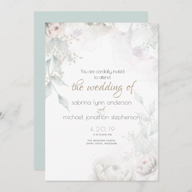 Elegante blütenfarbene Korallen und weiße Peonies Einladung (Vorne/Hinten)