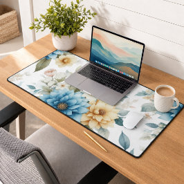 Elegante Blütenpastel Blau und Gelb auf Weiß Schreibtischunterlage