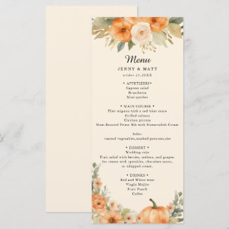 Elegante Bohemian-Aquarell-Kürbis-Blumenhochzeit Menükarte