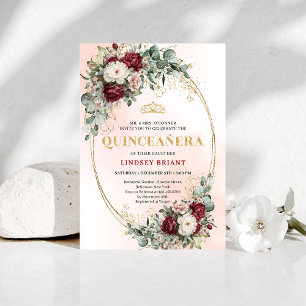Elegante Bohemian-Burgunder-Blumen-Quinceañera in Einladung