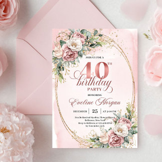 Elegante Bohemian Puderrosa Blumen 40. Geburtstag Einladung
