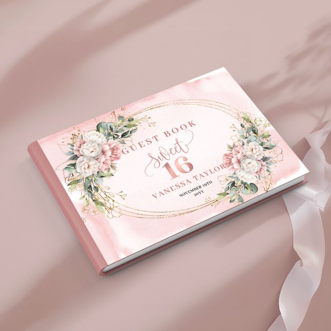 Elegante Bohemian-Rosa Blumen-Grün-Gästebuch Gästebuch (Elegant Bohemian Pink Flowers Greenery Guest Book)
