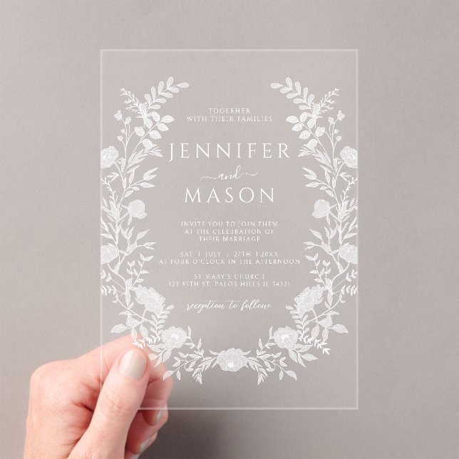 Elegante Bohemische Hochzeit mit weißem Blumenreat Acryleinladungen (Insitu (Handheld))