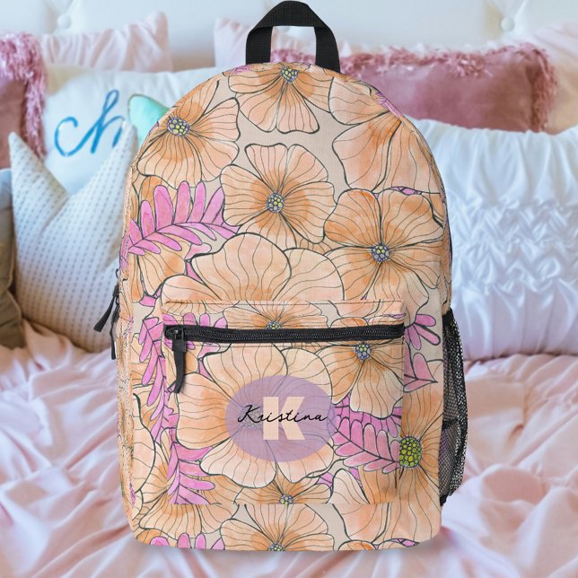 Elegante Bohemische Wasserfarbe Peach Pink Blume Bedruckter Rucksack (Von Creator hochgeladen)