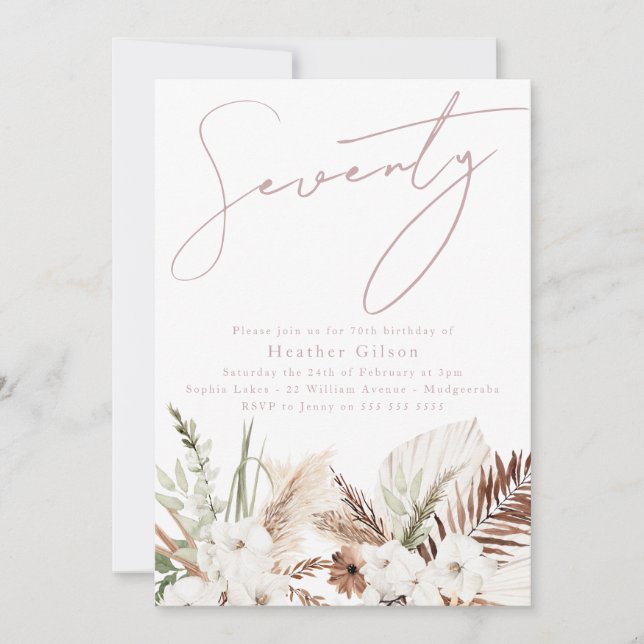 Elegante Bohemische Weißblume 70. Geburtstagsparty Einladung (Vorderseite)