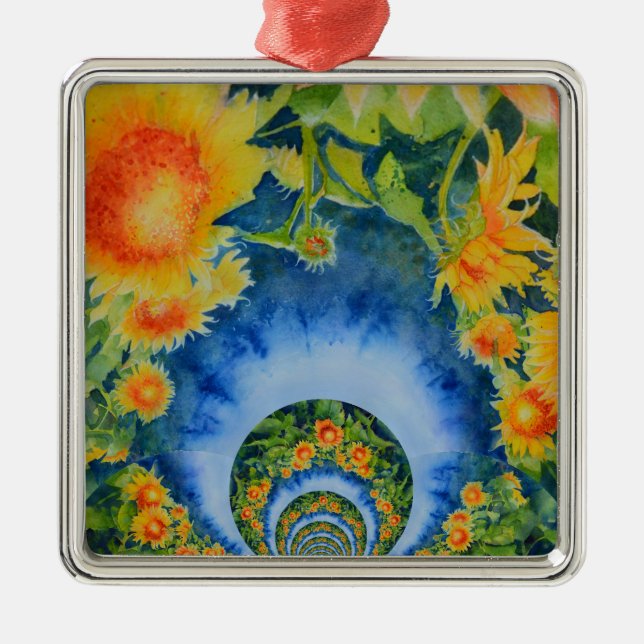 Elegante böhmische Retro-Sonnenblumen Silbernes Ornament (Vorne)