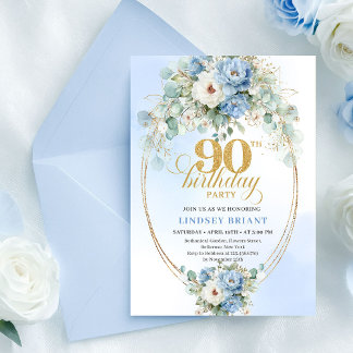 Elegante Boho Blaue Florale Goldene 90. Geburtstag Einladung