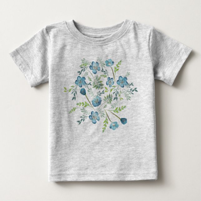 Elegante Boho Blue Green Watercolor-Blume Baby T-shirt (Vorderseite)