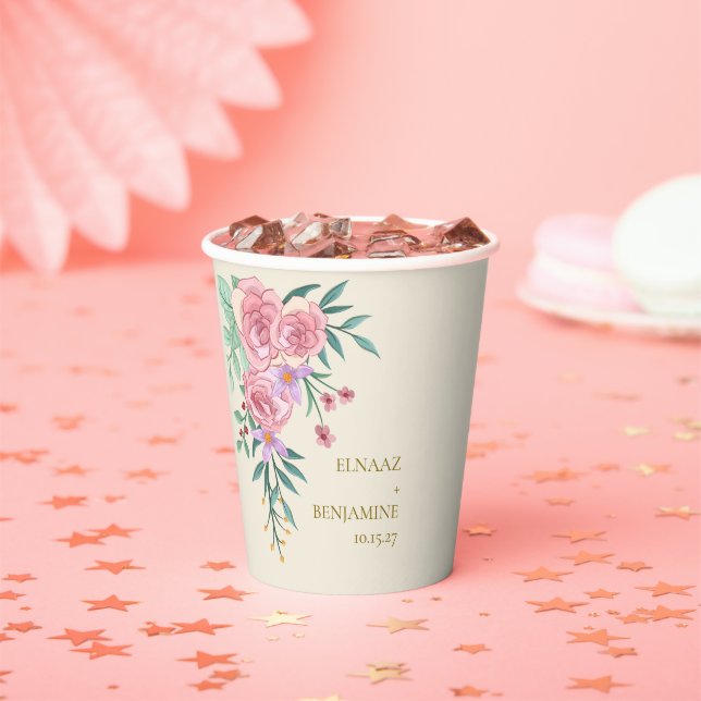 Elegante Boho Blush Pink Blumenzwiebelblume Hochze Pappbecher (Insitu)