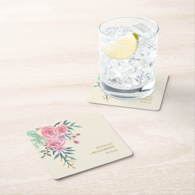 Elegante Boho Blush Pink Blumenzwiebelblume Hochze Rechteckiger Pappuntersetzer (Vor Ort)