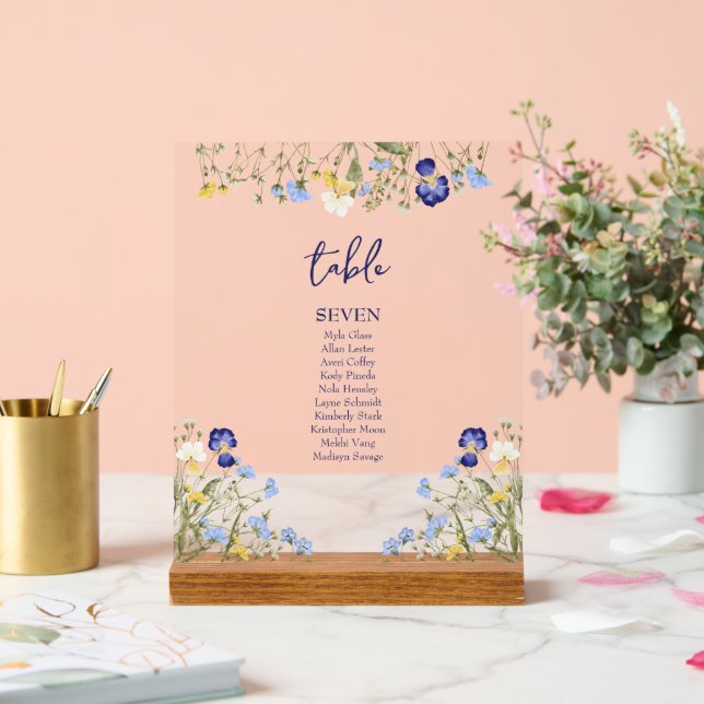 Elegante boho Botanische Wildblumen Blaue Hochzeit Acrylschild (Hochzeit)