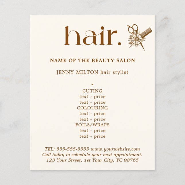 Elegante Boho Brown Golden Scissors Haar Menü (Vorne)