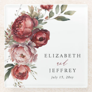 Elegante Boho Burgunder-Rosa Florale Hochzeit Glasuntersetzer