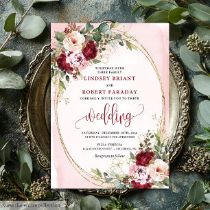 Elegante Boho Burgunder-Rosa-Gold-Blumenhochzeit Einladung
