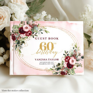 Elegante Boho-Burgunderrosen Gold 60. Geburtstag  Gästebuch