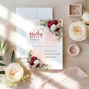 Elegante Boho Burgunderweiß Floral Gold Hochzeit RSVP Karte