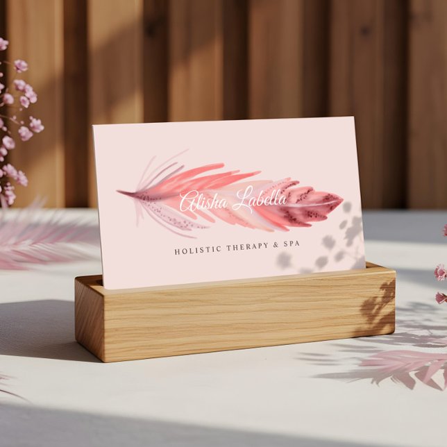 Elegante Boho Coral & Blush Pink Wasserfarbenfeder Visitenkarte (Elegant Boho Coral & Blush Pink Watercolor Feather Business Card)