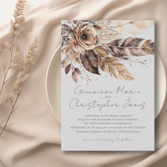 Elegante Boho Feather Floral Watercolor Hochzeit Einladung (Von Creator hochgeladen)