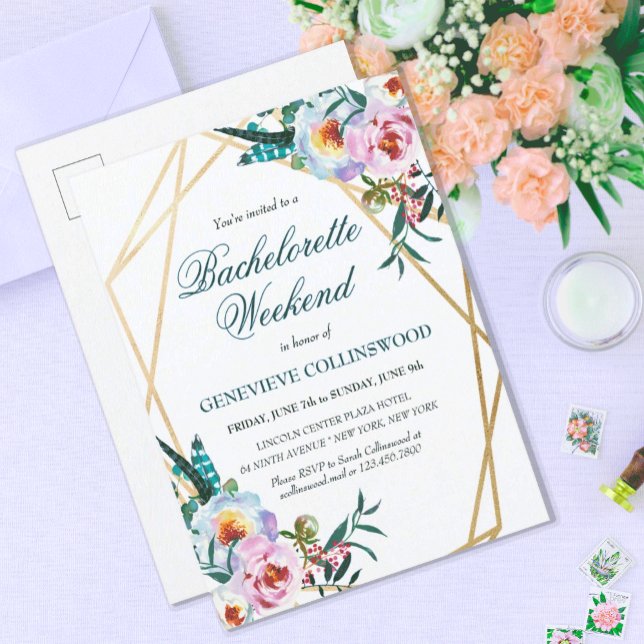 Elegante Boho Floral Bachelorette Wochenende Ausfl Einladungspostkarte (PRETTY BLUE BOHO FLORAL BACHELORETTE WEEKEND INVITATION POSTCARD WITH ITINERARY)
