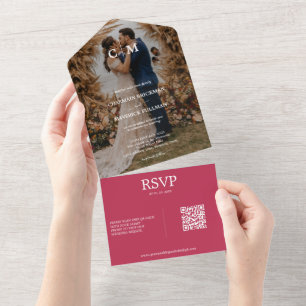 Elegante Boho-Foto Viva Magent Hochzeit RSVP All In One Einladung