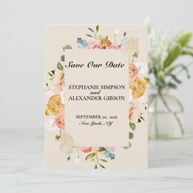 Elegante Boho Gold Pink Floral Save the Date Card (Stehend Vorderseite)