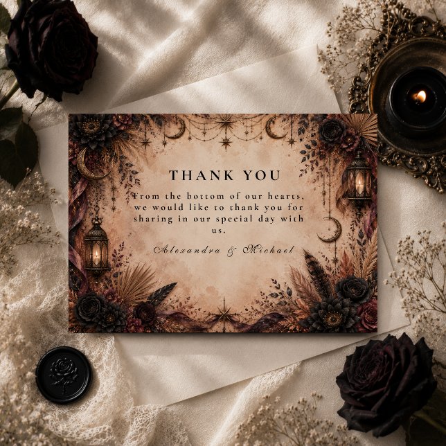 Elegante Boho-Goth-Hochzeit Dankeskarte (Von Creator hochgeladen)