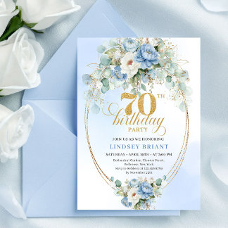 Elegante Boho Hellblaue Blumen Gold 70. Geburtstag Einladung