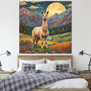 Elegante Boho-Lama-Alpaka-Vintage-Landschaft Leinwanddruck