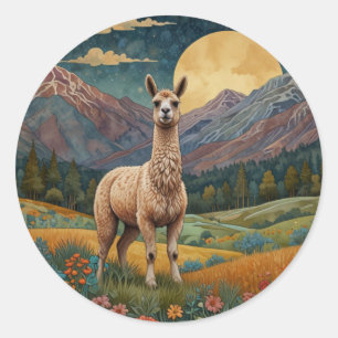 Elegante Boho-Lama-Alpaka-Vintage-Landschaft Runder Aufkleber
