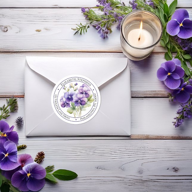 Elegante Boho-Lila-Veilchen-Blumen-Rücksendeadress Runder Aufkleber (Elegant Boho Purple Violets Floral Return Address Envelope Seal Classic Round Sticker)