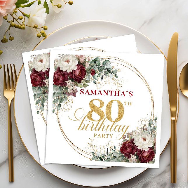 Elegante Boho Marsala Blumen 80. Geburtstag Servie Serviette (Elegant Boho Marsala Floral 80th Birthday Napkins)