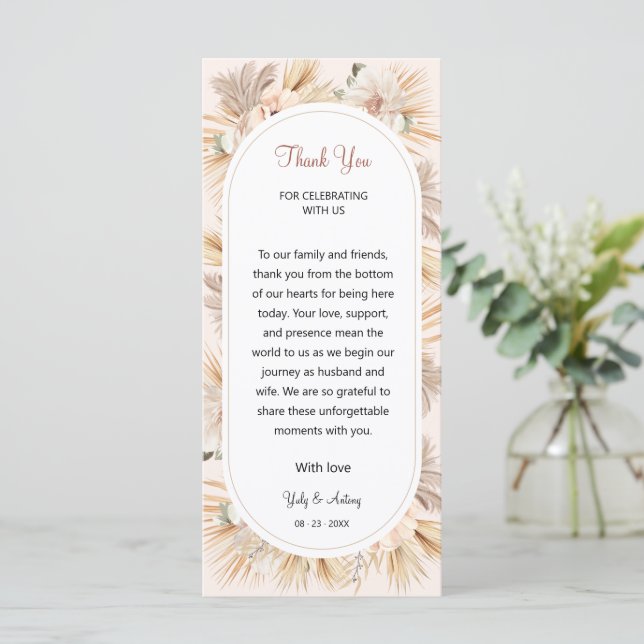 Elegante Boho neutrale Blumen Dankes-Tischkarte Programm (Stehend Vorderseite)