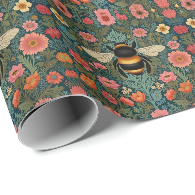 Elegante Boho-Retro-Hummel-Frühlingsblumen  Geschenkpapier (Rolleneckpunkt)