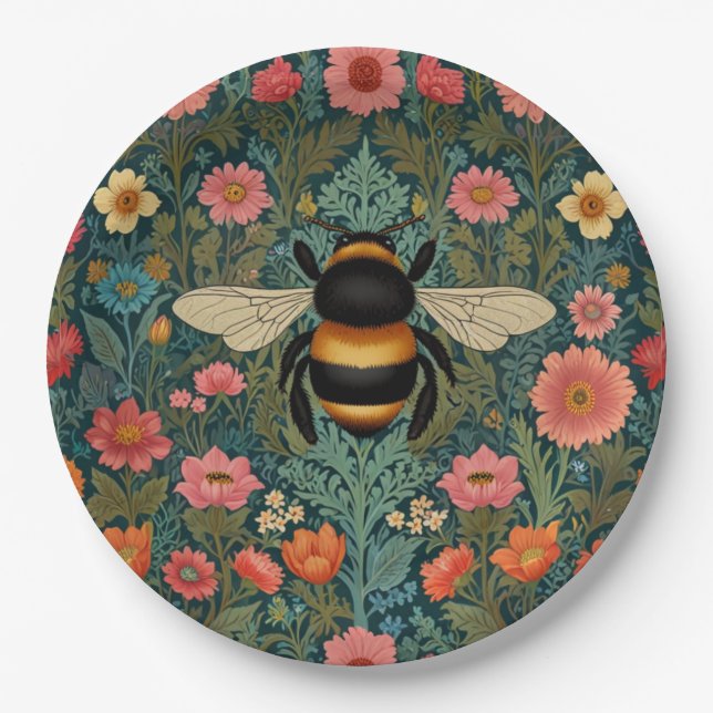 Elegante Boho-Retro-Hummel-Frühlingsblumen  Pappteller (Vorderseite)