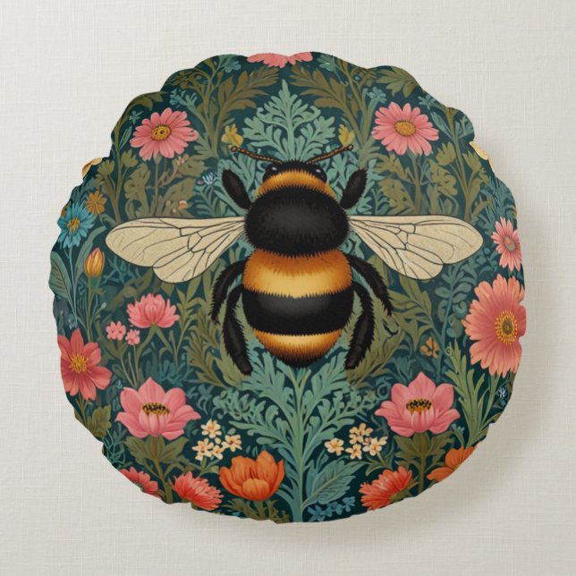 Elegante Boho-Retro-Hummel-Frühlingsblumen  Rundes Kissen (Vorderseite)