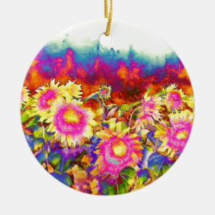 Elegante Boho Retro-Sonnenblumen rosa gelbe Blumen Keramikornament