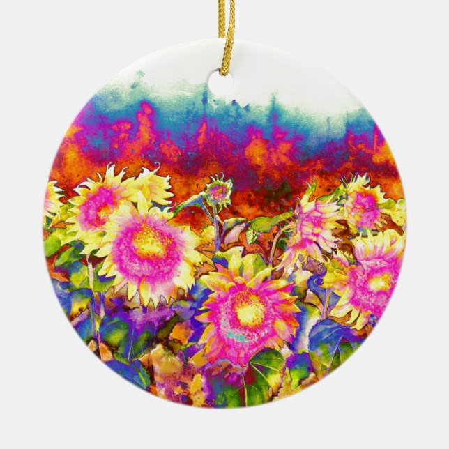 Elegante Boho Retro-Sonnenblumen rosa gelbe Blumen Keramikornament (Vorne)