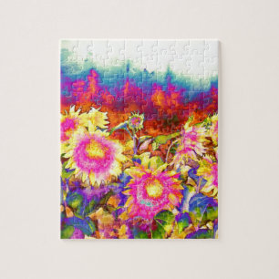 Elegante Boho Retro-Sonnenblumen rosa gelbe Blumen Puzzle