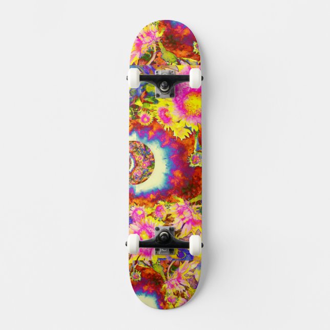 Elegante Boho Retro-Sonnenblumen rosa gelbe Blumen Skateboard (Vorderseite)