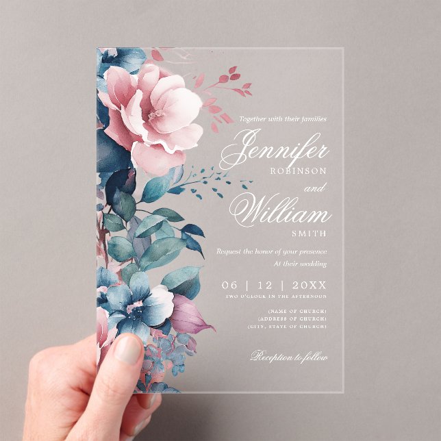 Elegante Boho Romantic Floral Blue Wedding Acryleinladungen (Insitu (Handheld))