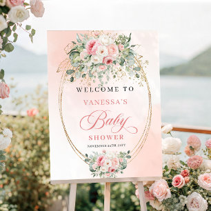 Elegante Boho-Rosa-Rosen Grün Gold-Baby-Einweihung Poster