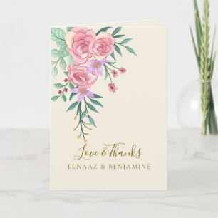 Elegante Boho Rosa Wasserfarben-Blumenhochzeit Dankeskarte